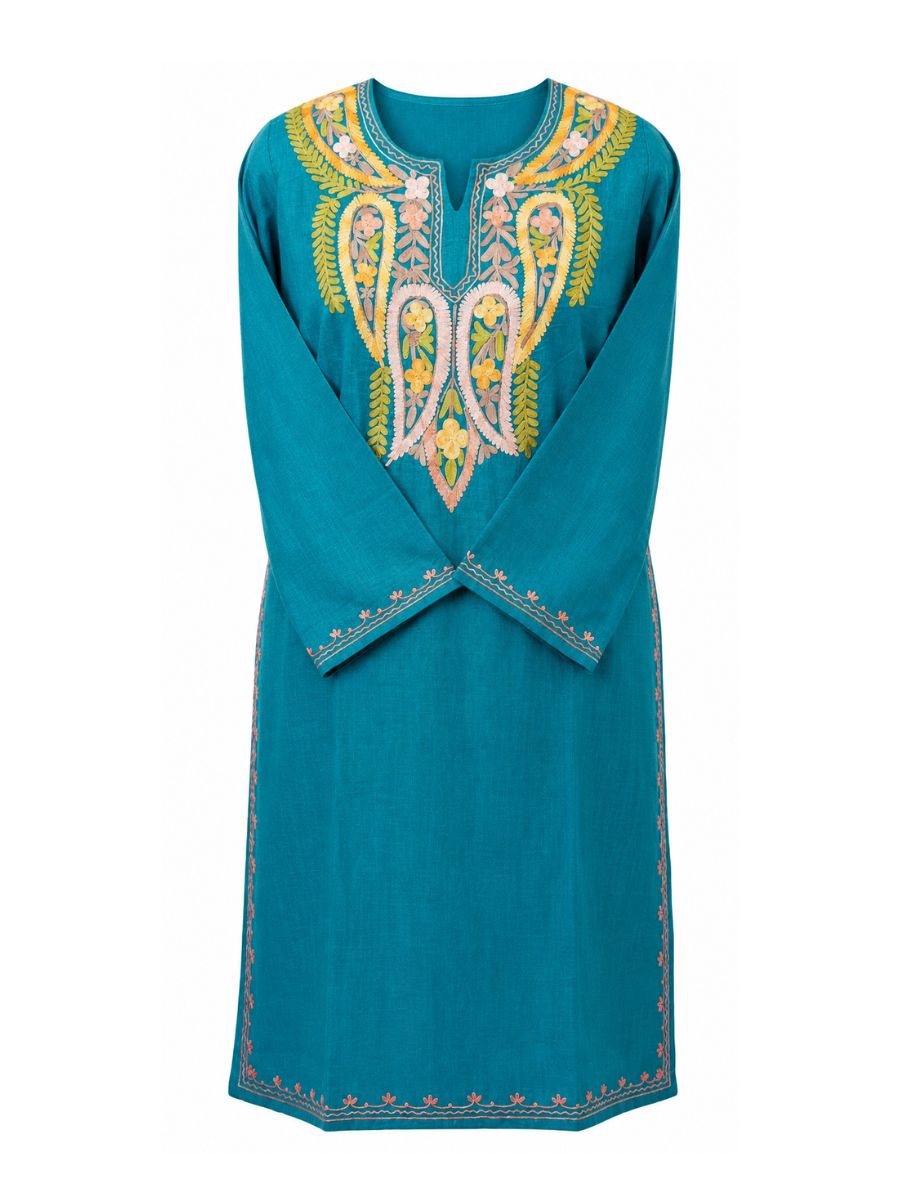 Kashmiri Manual Aari worked cotton Co-Ord Set | Ocean Breeze